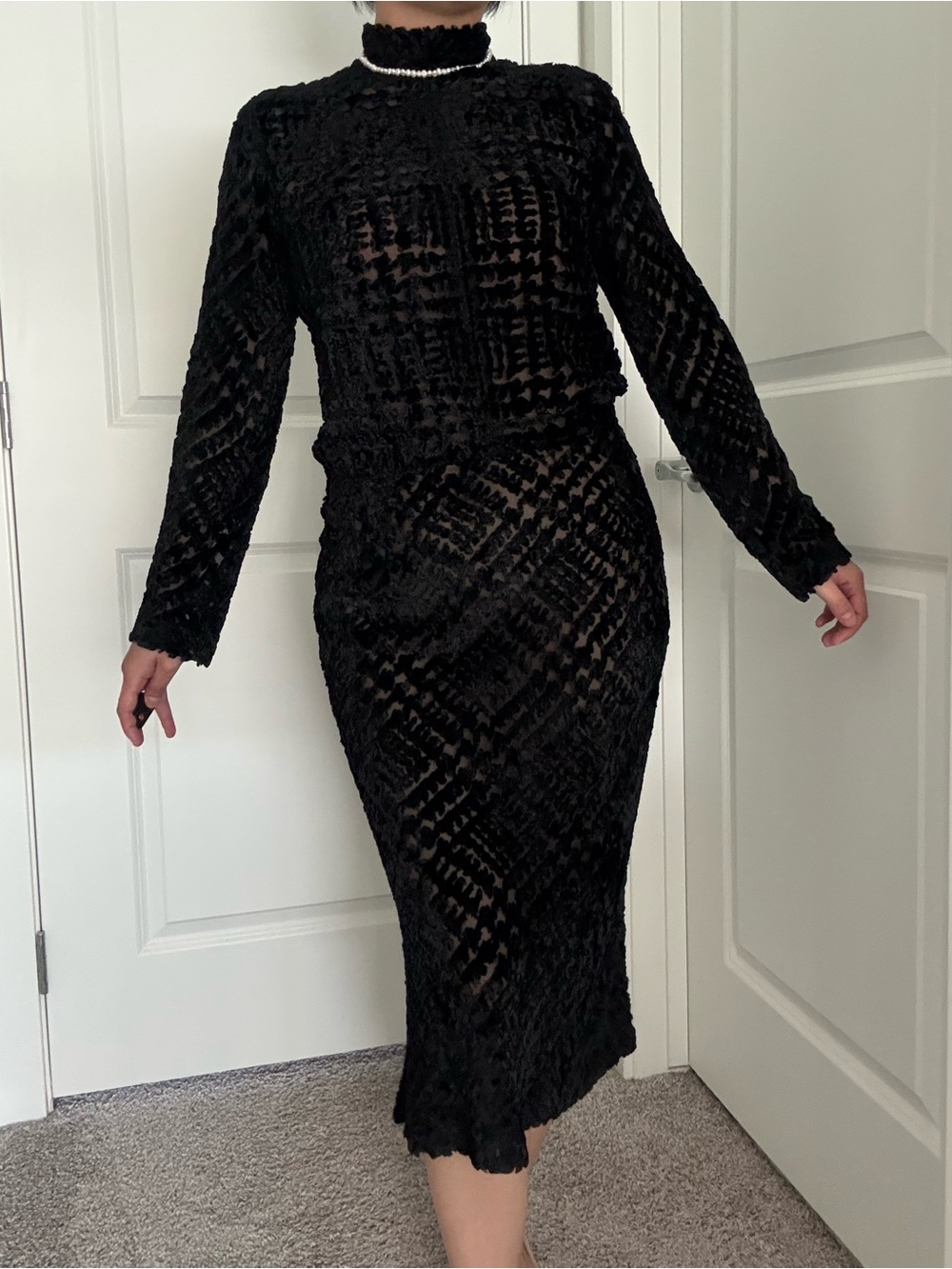 Vintage Yoshie Inaba black sheer velvet fitted peplum dress with flocked fabric